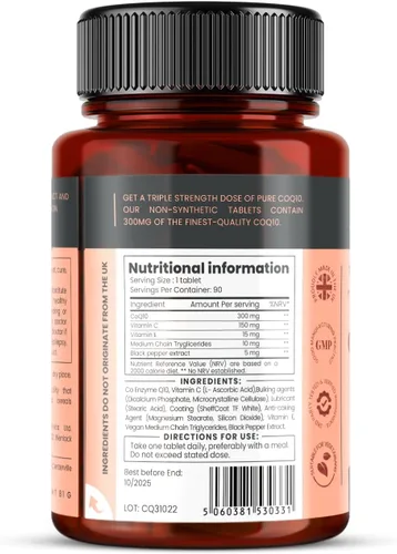 Vista 2 de pureclinica CoQ10-300mg x 540 tabletas (6 botellas con 90 tabletas cada una - 18 meses de suministro) con vitamina C y extracto de pimienta negra