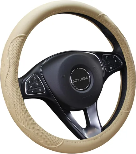 Vista 6 de Funda de cuero para volante de auto con forro antideslizante universal de 14.5-15 pulgadas (37-38 cm), protector de microfibra para automóviles Beige