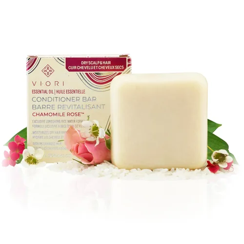 Barra acondicionadora de aceite esencial de manzanilla y rosa Viori hecha con agua de arroz - Acondicionador orgánico natural hecho a mano