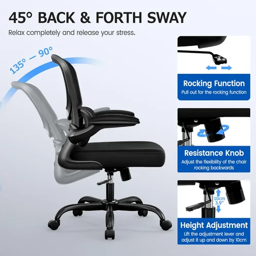 Vista 8 de ALLGOD Silla de oficina ergonómica, silla de escritorio ergonómica de malla transpirable con soporte lumbar, reposabrazos abatibles, sillas