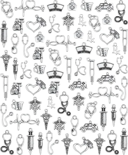 JIALEEY 72 dijes médicos para enfermeras, jeringas mixtas, jeringa, gorro, para enfermera, graduación, bricolaje, para collares, pulseras, joyería y