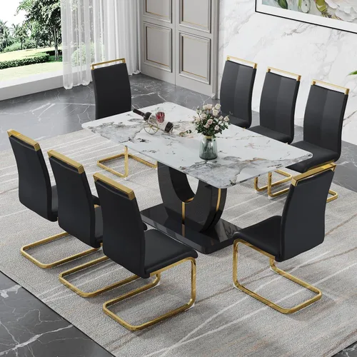 Vista 85 de JUFU Juego de mesa de comedor moderno para 4, juego de mesa de cocina rectangular de 63 pulgadas con mesa de mármol sintético y 4 sillas tapizadas