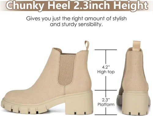 Vista 3 de Athlefit Botas Chelsea de moda para mujer, tacón grueso, sin cordones, elásticos y tobilleros