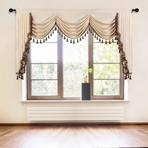 Vista 13 de ELKCA Cenefa de cortina de felpilla beige para ventana de sala de estar, cenefa de cascada para dormitorio, bolsillo para barra