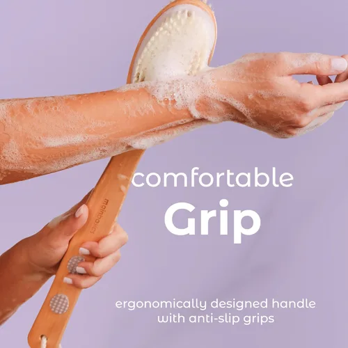 Vista 7 de MainBasics Exfoliador de Espalda para Ducha – Cepillo de Mango Largo de Doble Cara para Lavado Corporal y Exfoliación con Cerdas Exfoliantes