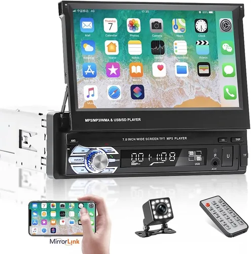 Vista 9 de Estéreo de Coche Individual DIN Apple Carplay y Android Auto 1 DIN 7 Pulgadas Pantalla Táctil Abatible Radio de Coche con Bluetooth y Micrófono