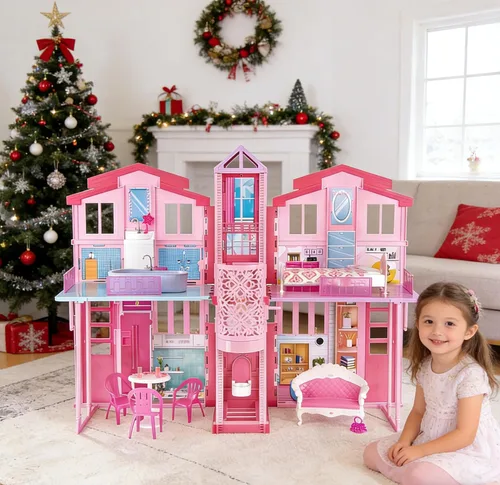 Vista 5 de Casa de muñecas plegable grande, casa de muñecas de 36 pulgadas para muñecas de 12 pulgadas, casa de princesa portátil con ascensor, cama, lavabo