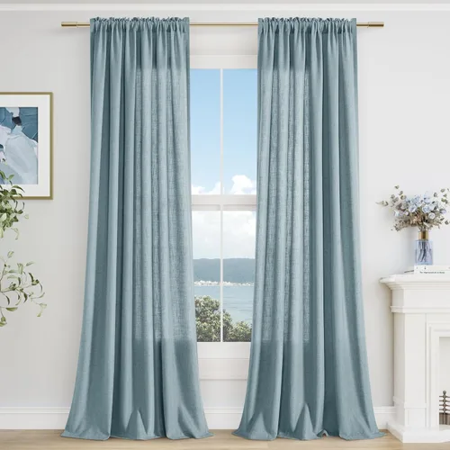 Vista 63 de Guken Cortinas de lino verde aguamarina de 84 pulgadas de largo, juego de 2 paneles semitransparentes con bolsillo para barra para comedor