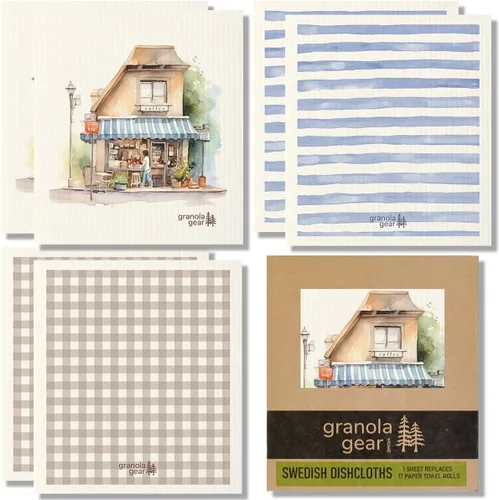 Vista 13 de Paquete de 6 paños suecos para cocina, hechos en Suecia, toallas de papel reutilizables, paños de esponja lavables, algodón de celulosa