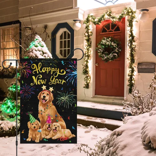 Vista 3 de Louise Maelys Bandera de jardín con texto en inglés «Happy New Year» de 12 x 18 pulgadas, vertical de doble cara, de arpillera, pequeña celebración