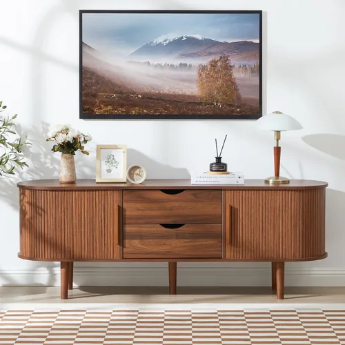 Vista 50 de Soporte de TV, mesa consola multimedia con puerta corredera y compartimento de almacenamiento, centro de entretenimiento moderno con almacenamiento