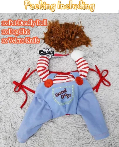 Vista 3 de Disfraz de muñeca mortal para perro, divertido disfraz de perro Chucky para Halloween, Navidad, cosplay, ropa para perros pequeños, medianos