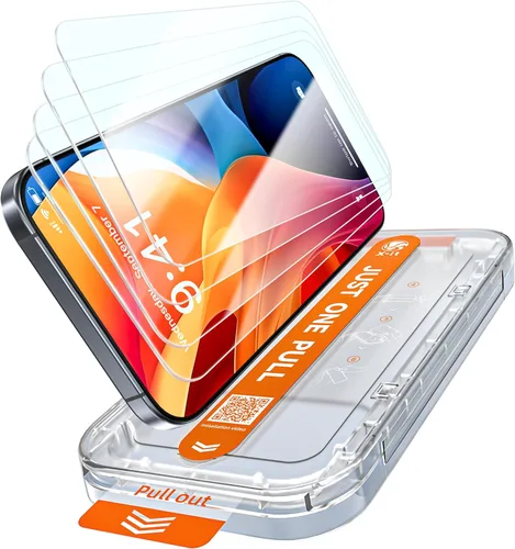 X-it Paquete de 4 protectores de pantalla HD para iPhone 15 Pro, [grado militar inastillable], vidrio templado 9H+, [eliminación automática de