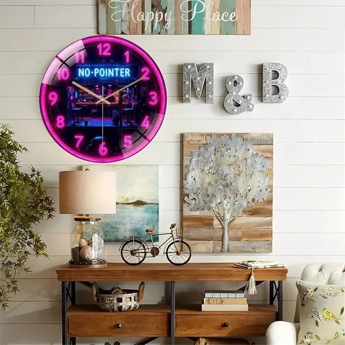 Vista 6 de 12-Inch Silent Tempered Glass Wall Clock, Neon Clock Bar Retro Cyberpunk Wall Clock ” Silent Non-Ticking Clock, Battery Operated