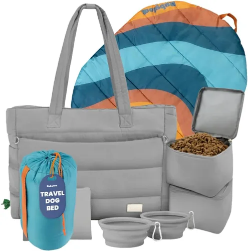 Dog Mom Bundle – Bolsa acolchada con contenedores de almacenamiento (gris) y cama de viaje para perro, grande (42 x 30 pulgadas) (verde azulado