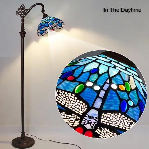 Vista 4 de Capulina Tiffany - Lámpara de pie con vitrales de 62 pulgadas de alto, libélula azul, antigua, suave, arqueada, ángulo ajustable, estilo Tiffany
