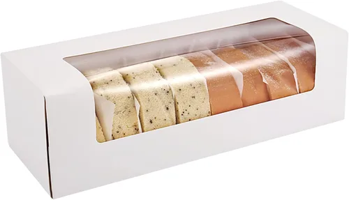 RIFMEAE Paquete de 24 cajas de pastel de 12 x 4 x 3.5 pulgadas, cajas de rollo de calabaza para pan, cajas de panadería blancas con ventana, cajas