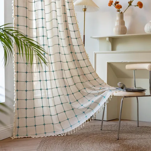 Vista 33 de Deeprove Cenefa de Cortina Boho Aqua de 18 Pulgadas de Largo, Celosía Bohemia Verde Azulado Cuadros Vichy con Textura Bordada, Borlas Vintage