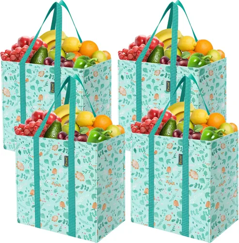 Vista 11 de BALEINE 4 PK Bolsas de supermercado reutilizables con fondo reforzado, bolsas de compras plegables resistentes (Trébol)