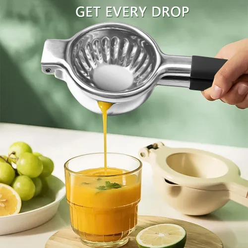 Vista 2 de Exprimidor de limón de acero inoxidable, exprimidor de limón y frutas con asas de silicona, exprimidor manual grande de cítricos
