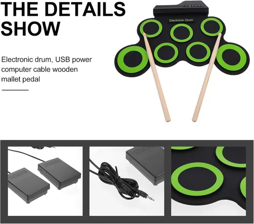 Vista 9 de Generic 1 juego de batería electrónica portátil recargable por USB, batería eléctrica midi, almohadillas de práctica de tambor enrollables