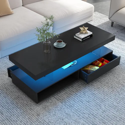 Vista 3 de Mesa de centro moderna LED con cajones de almacenamiento y estantes de exhibición de 2 capas, mesa central rectangular de 51 pulgadas, mesa
