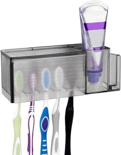 Linkidea Soporte multifuncional autoadhesivo para cepillos de dientes, soporte para cepillos de dientes montado en la pared con tapa, caja de Gris