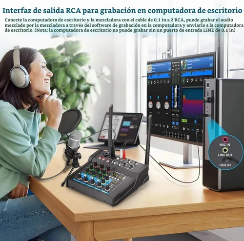 Vista 6 de Aveek Mezclador de audio con amplificador de 150W x2, 4 canales con 2 Reproductor MP3 Bluetooth/USB, grabación de PC, fuente de alimentación Phantom