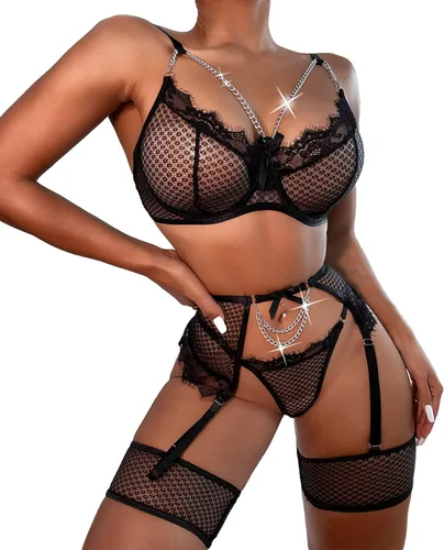 Avidlove Conjunto de liguero para mujer, lencería sexy de malla con aros, 4 piezas, brasier de cadena S-XXL