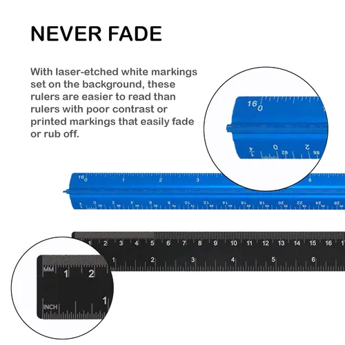 Vista 4 de Juego de 3 reglas de metal a escala de ingeniería de aluminio, reglas de escala arquitectónica, regla triangular de 12 pulgadas y 6 pulgadas y regla