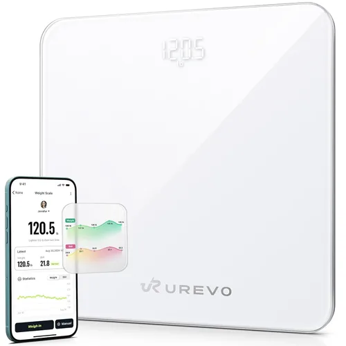 UREVO Báscula inteligente para sincronización de peso corporal y seguimiento de IMC con aplicación, báscula digital de baño con pantalla LED, Blanco