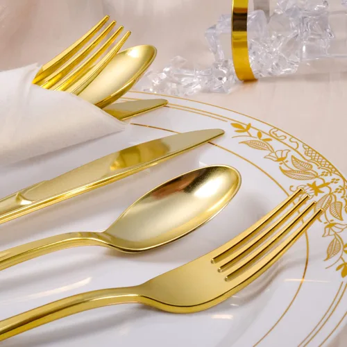 Vista 4 de Cubiertos de plástico dorado con servilletas, 100 paquetes de servilletas y cubiertos preenrollados, juego de cubiertos desechables envueltos