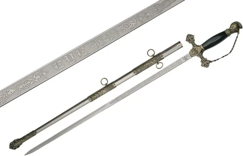 SZCO Espada de caballero templario de 37 pulgadas, aspecto de espada real medieval con hoja de acero inoxidable grabada, protector y pompa de latón