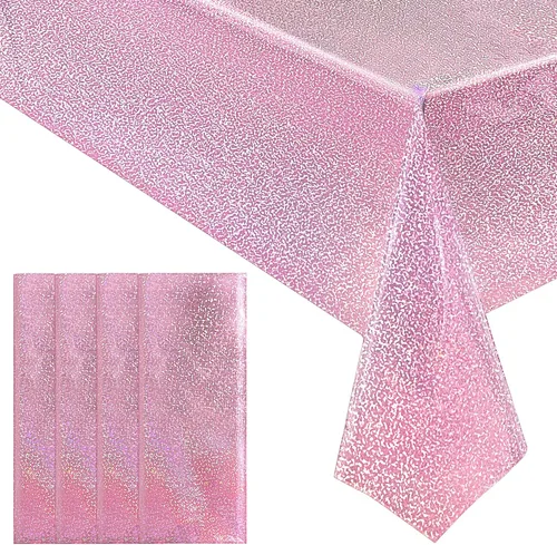 Vista 27 de 2 manteles plateados holográficos brillantes con láser de disco, manteles de plástico iridiscente de 40" x 108", funda de mesa blanca