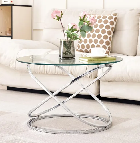 Vista 3 de Moderna mesa de centro redonda de cristal plateado, parte superior de vidrio templado de 26.7 pulgadas y base de patas cruzadas cromadas de lujo