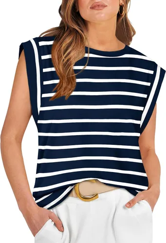 Vista 30 de WIHOLL Camisetas de mangas casquillo para mujer, camisetas básicas de verano, camisetas informales sin mangas, ajuste holgado, a la moda D - Raya