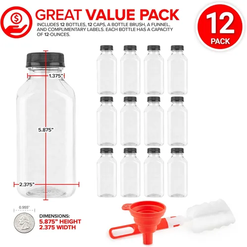 Vista 2 de Botellas de jugo de 12 onzas con tapas para jugo (paquete de 12) – Botellas de agua de plástico vacío transparente reutilizables – Contenedores
