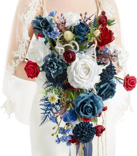 Ling's moment - Ramo de novia azul marino y rojo para novia, ramos de boda de 13 pulgadas para novia, ramos de flores artificiales para boda
