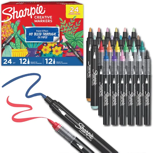 Sharpie Marcadores creativos, paquete combinado, acrílico a base de agua, puntas de bala y pincel, colores surtidos incluyendo tonos tierra, 24