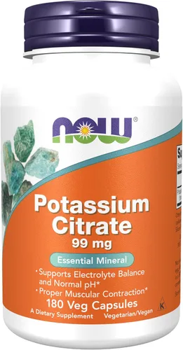 NOW Foods Suplementos, Citrato de Potasio 99 mg, Apoya el equilibrio de electrolitos y pH normal*, mineral esencial, 180 cápsulas vegetales