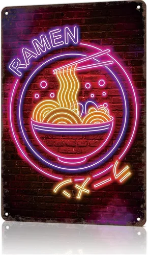 Funny Metal Tin Signs Neon Cyber Ramen Bowl Sign Kitchen Food Poster Wall Art for Dorm Home Garage Office Decor 8X12inch