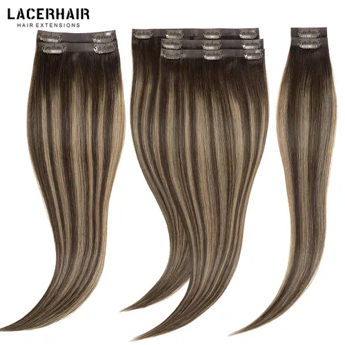 Vista 5 de Lacer Extensiones de cabello humano con clip, sin costuras, con raíces de castaño castaño mezclado con marrón oscuro con raíces marrón oscuro