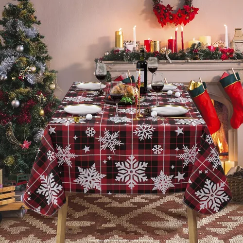 Vista 4 de UMINEUX Mantel de Navidad con reverso de franela, mantel rectangular de vinilo impermeable lavable para fiestas de Navidad, bodas, vacaciones
