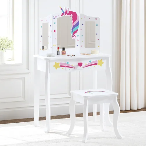 Spirich Vanidad para niños, juego de tocador para niñas con espejo, taburete y luces, juego de mesa y silla de tocador para niños, mesa de tocador