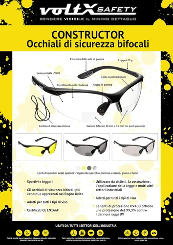 Vista 5 de voltX Gafas de seguridad BIFOCAL 'CONSTRUCTOR' (transparente + 3.5 dioptrías) ANSI Z87.1+ y CE EN166F, certificadasgafas deportivas de ciclismo