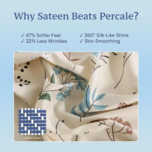 Vista 4 de JSD - Juego de sábanas de algodón con estampado floral beige de 16 pulgadas, bolsillo profundo Sábanas de satén de 3 piezas de 300 hilos, suaves