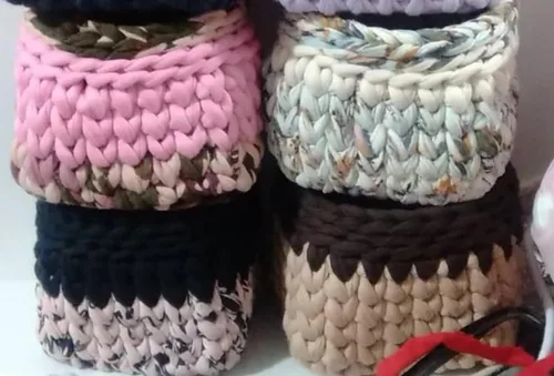 Vista 15 de Trapillo G&Y Set de 3 Cestas tejidas en ganchillo, almacenamiento de objetos pequeños Tamaño Mini. (Big, Amarillo)