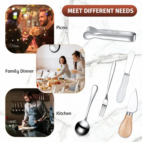 Vista 6 de Juego de 20 cuchillos de mantequilla de queso, utensilios de charcutería, cuchillo esparcidor de mantequilla con asas de madera, mini pinzas