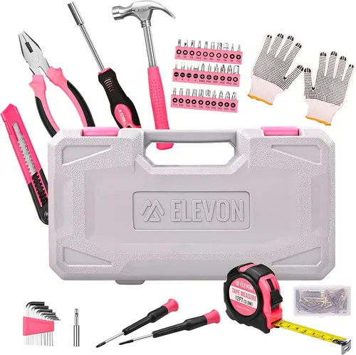Elevon Juego de herramientas rosa de 131 piezas, juego de herramientas de uso automático con caja de herramientas de almacenamiento, herramienta de