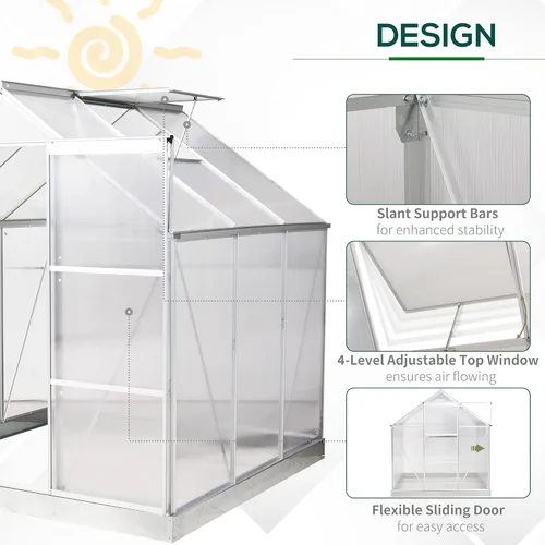 Vista 3 de Outsunny Invernadero de hobby de 6 x 6 pies, kit de casa caliente de policarbonato con marco de aluminio, puerta corrediza, ventilación de techo